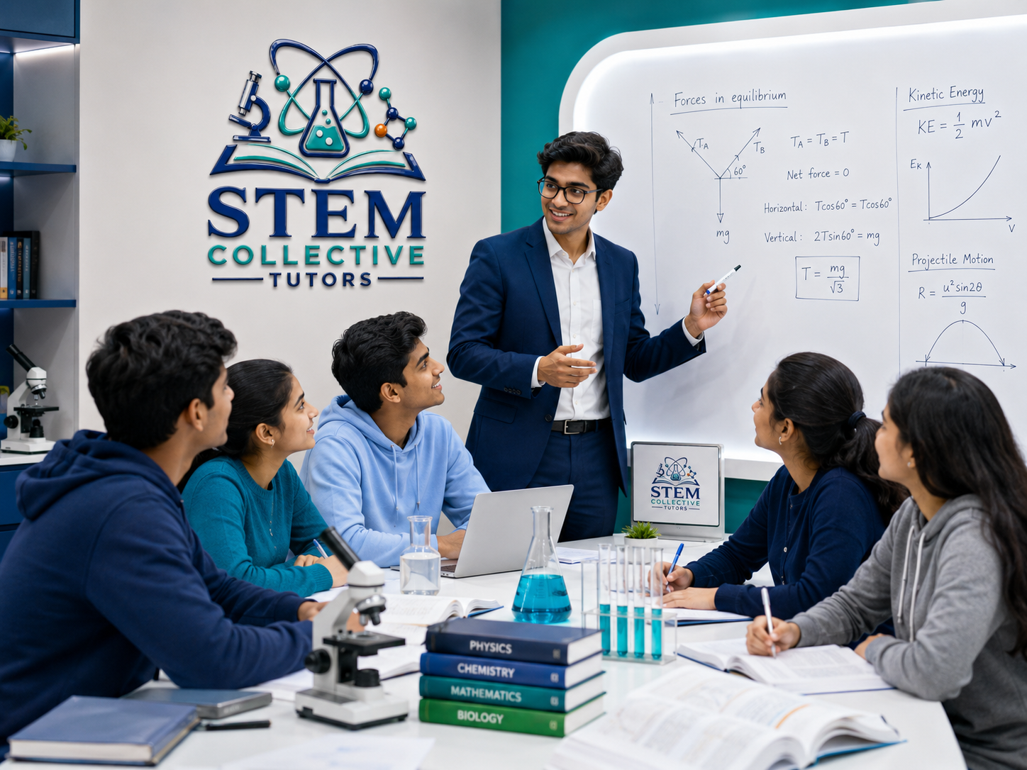 A tutor explaining a Science concept in a small group classroom session